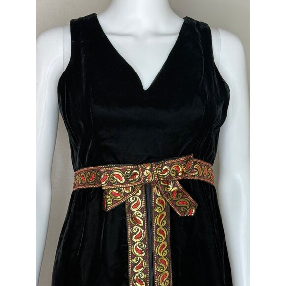 Vintage 1960s Black Velvet Maxi Dress Metallic Gold & Red Ribbon Trim Size Small - Picture 2 of 7